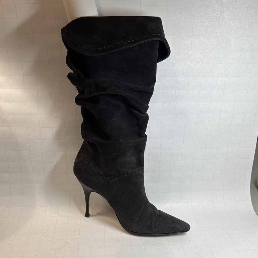Manolo Blahnik Dark Gray Suede Heeled Boots with Slouchy Design